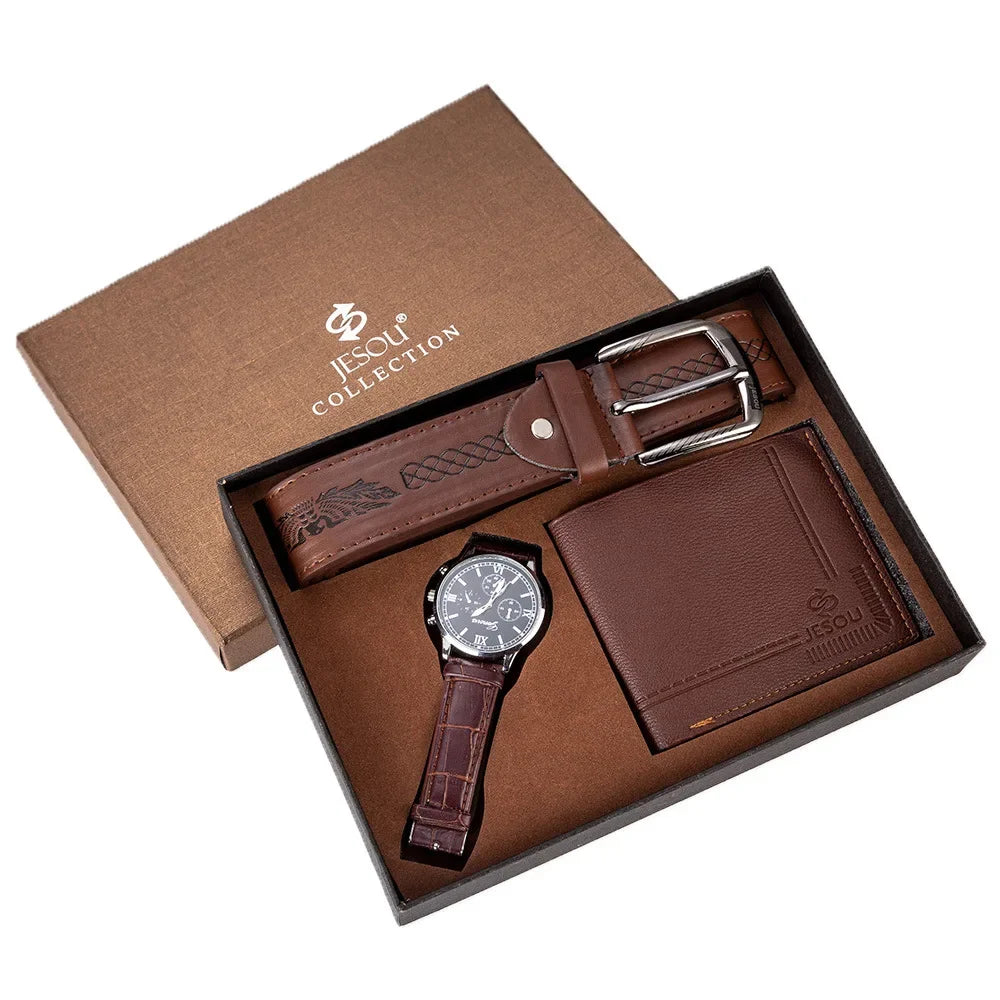 TRIO PRIVILEGE Coffret 3 pcs: montre pour hommes, portefeuille, ceinture, montre-bracelet