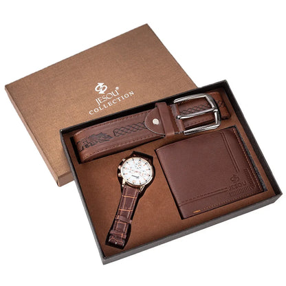 TRIO PRIVILEGE Coffret 3 pcs: montre pour hommes, portefeuille, ceinture, montre-bracelet