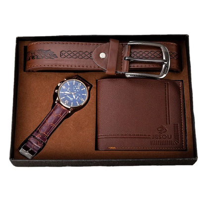 TRIO PRIVILEGE Coffret 3 pcs: montre pour hommes, portefeuille, ceinture, montre-bracelet